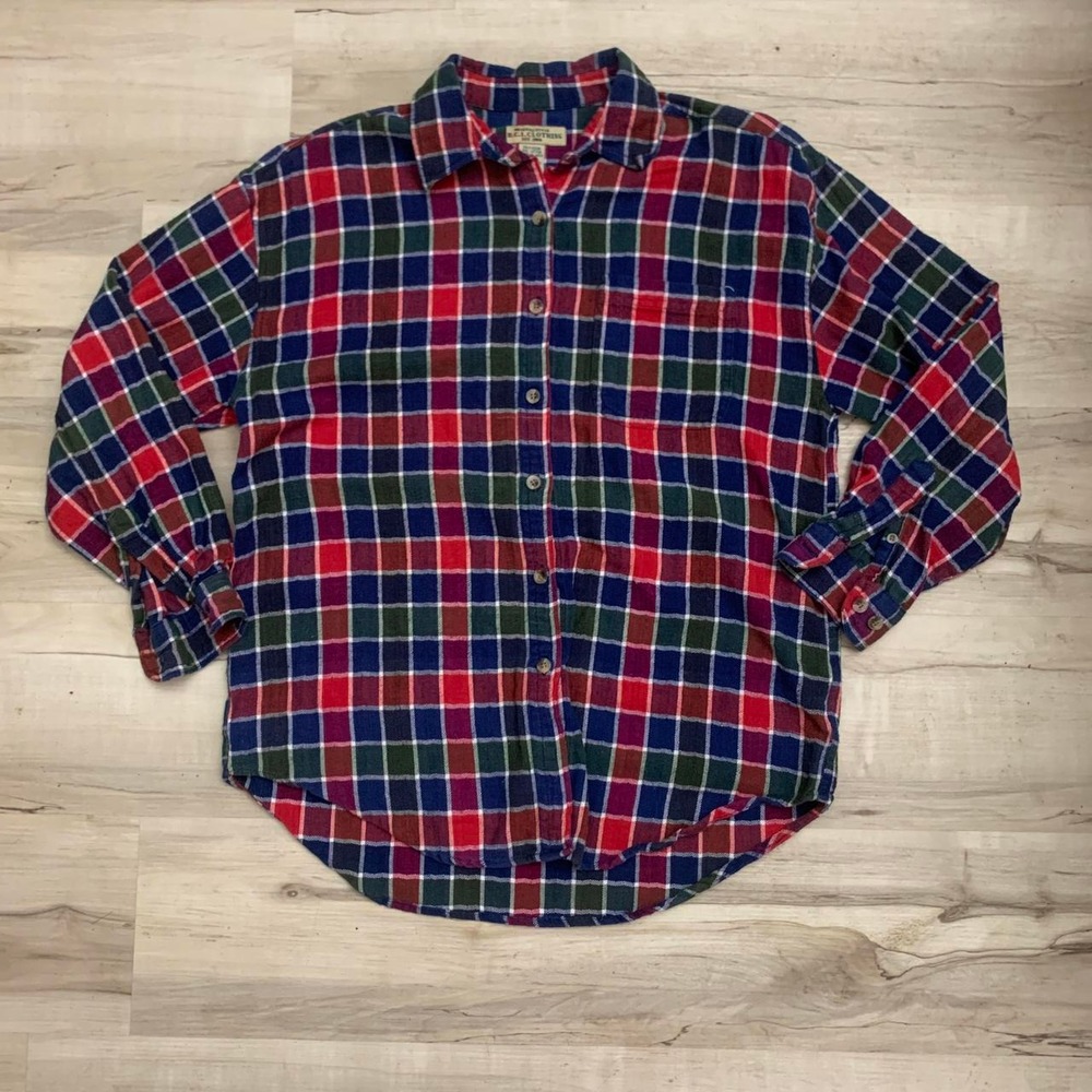 BCI Clothing Red Blue Plaid Button Up Shirt Women Medium Long Sleeve Flannel